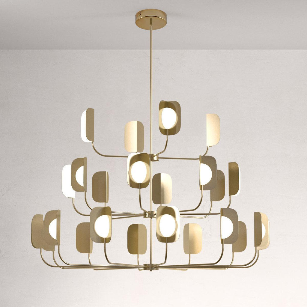 A brass-toned Clérachic chandelier on a central rod, its three tiers of curved arms each ending in a leaf-shaped shade and an opal globe.