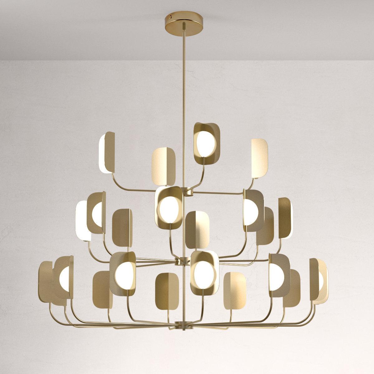 A brass-toned Clérachic chandelier on a central rod, its three tiers of curved arms each ending in a leaf-shaped shade and an opal globe.