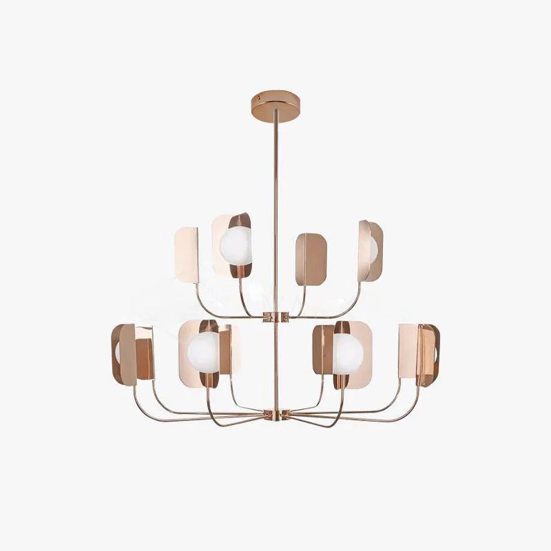 A Clérachic chandelier in copper on a short rod, two tiers of arms holding leaf shades and white globes, on a pale backdrop.