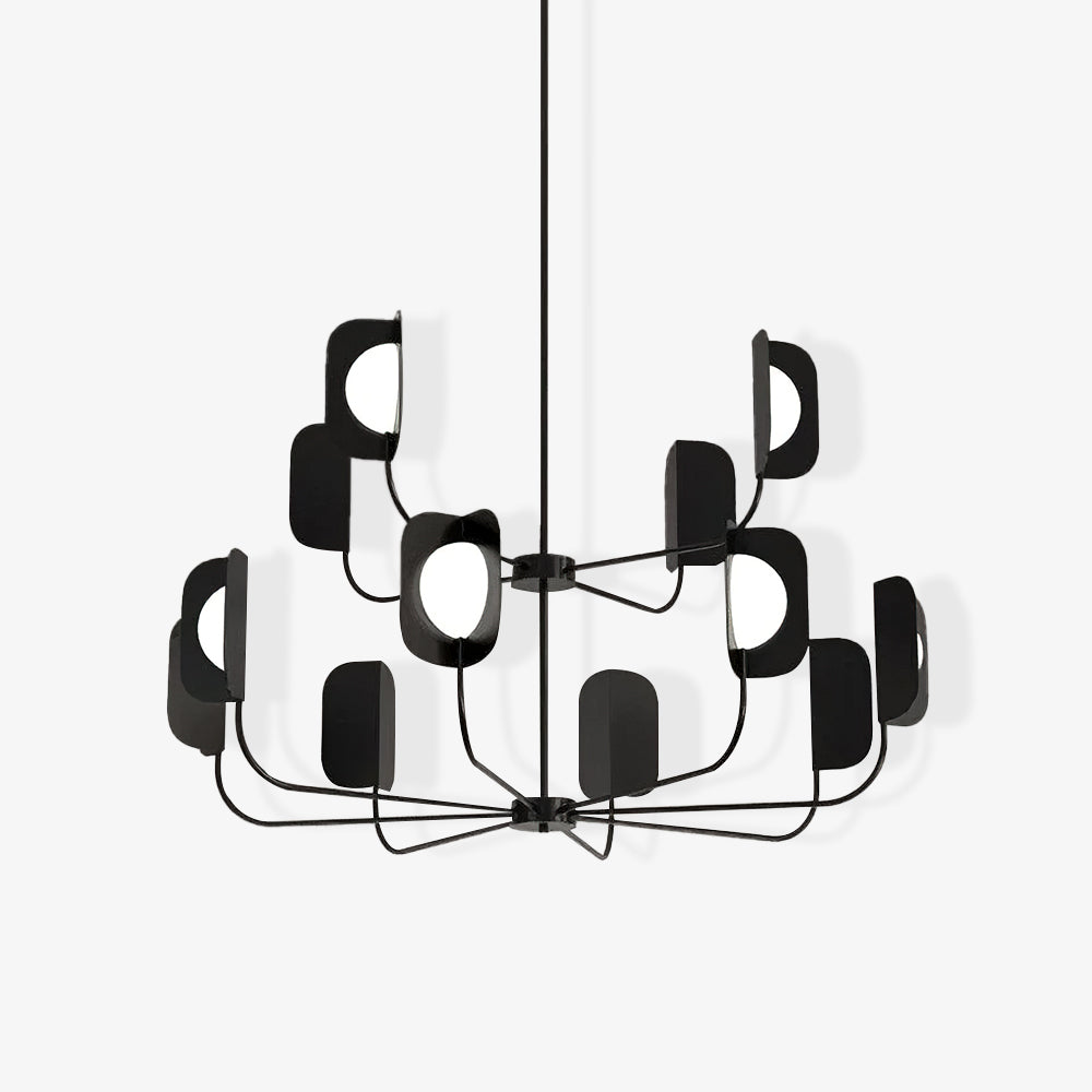 A black Clérachic chandelier on a white backdrop, two tiers of curved arms each carrying a leaf shade with a globe bulb.