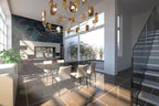 A brass-toned Clérachic chandelier in a visualisation of a stairwell room with large windows, a dining table and a dark tiled floor.