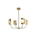 A small brass-toned Clérachic chandelier on a ceiling plate and rod, with four curved arms ending in lit leaf shades, on white.