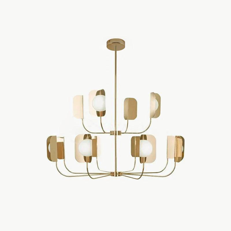 A champagne-gold Clérachic chandelier on a rod, two tiers of curved arms holding leaf shades and white globes on a pale backdrop.