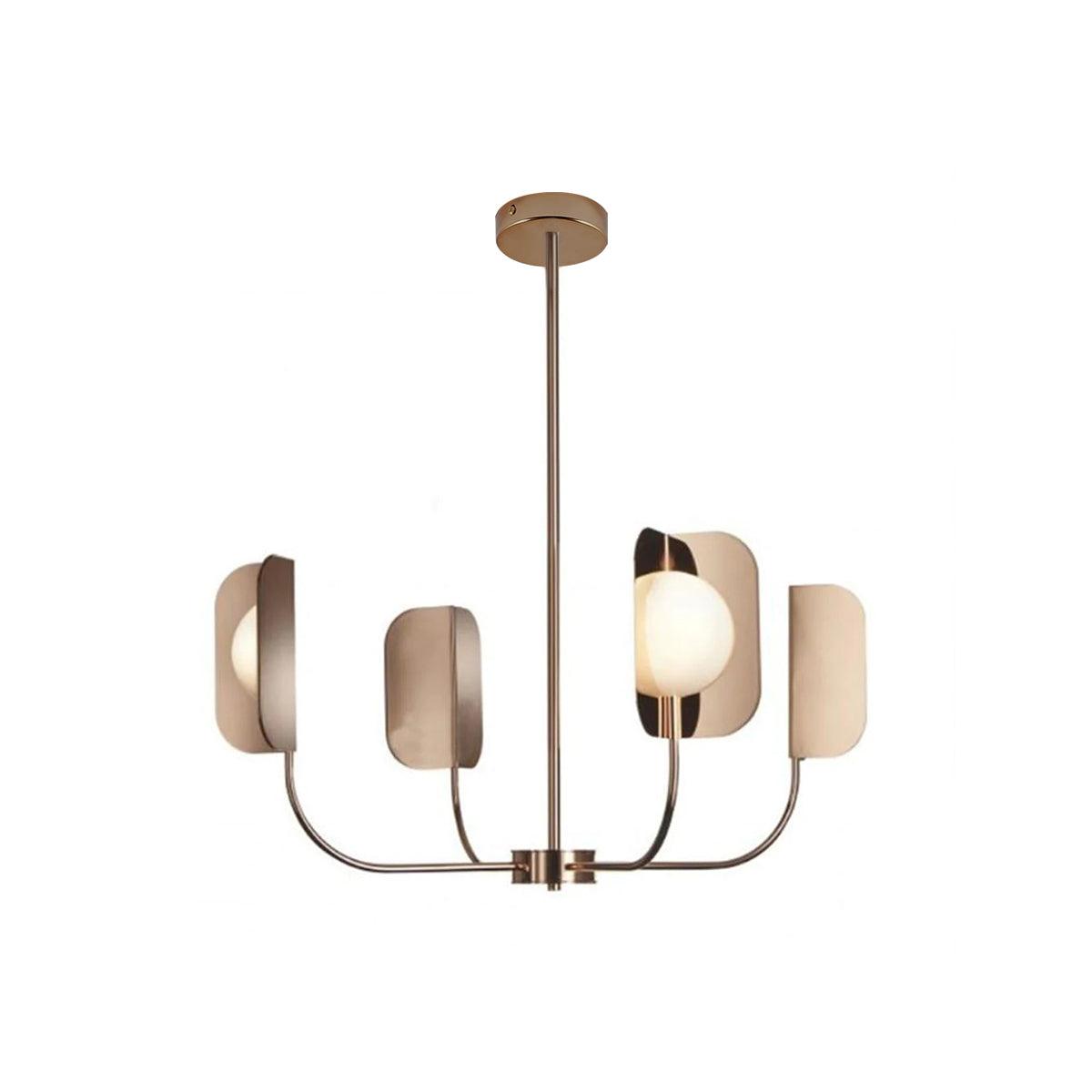 A copper Clérachic chandelier on a rod, four arms holding leaf shades and a lit globe, shown on a plain white backdrop.