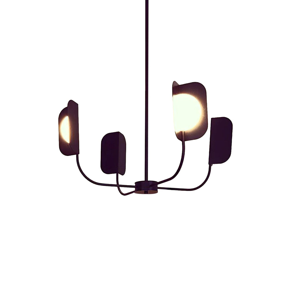 A dark four-arm Clérachic chandelier on a rod, with leaf shades and one lit globe, against a white backdrop.