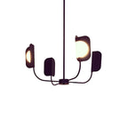 A dark four-arm Clérachic chandelier on a rod, with leaf shades and one lit globe, against a white backdrop.