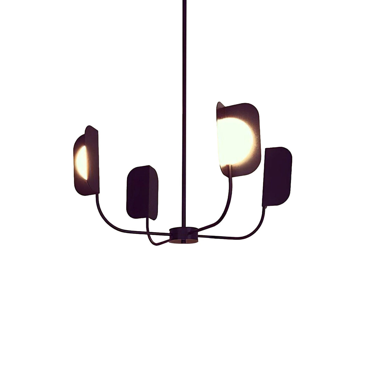 A dark four-arm Clérachic chandelier on a rod, with leaf shades and one lit globe, against a white backdrop.
