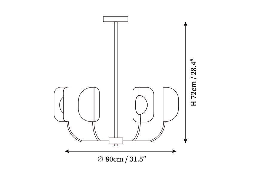 Clérachic chandelier dimension drawing, 1 of 3, every measurement marked in centimetres and inches.