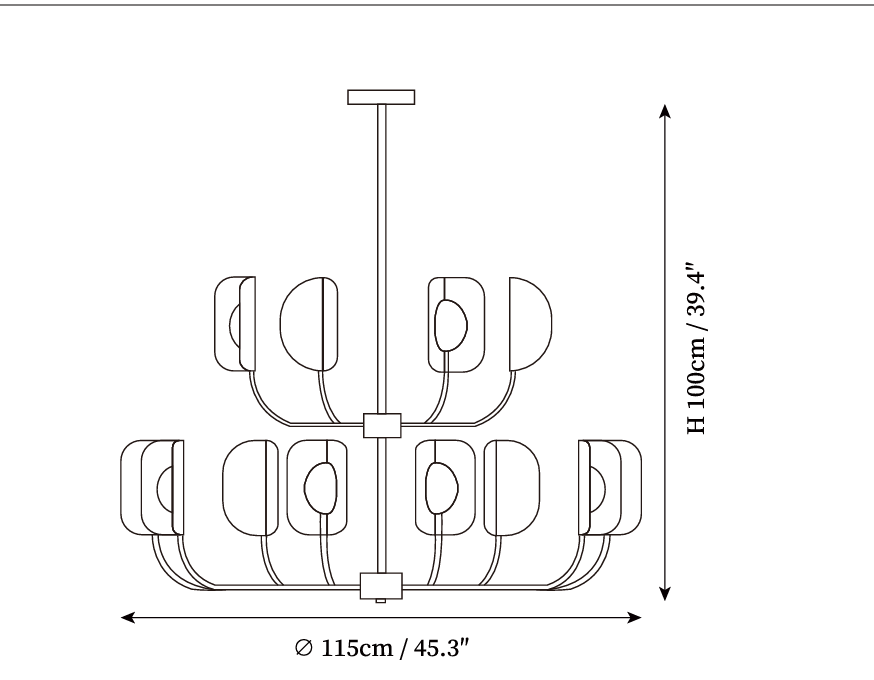 Clérachic chandelier dimension drawing, 2 of 3, every measurement marked in centimetres and inches.