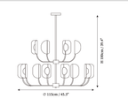 Clérachic chandelier dimension drawing, 2 of 3, every measurement marked in centimetres and inches.