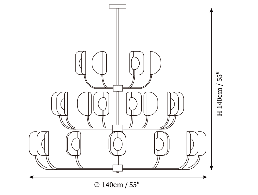 Clérachic chandelier dimension drawing, 3 of 3, every measurement marked in centimetres and inches.