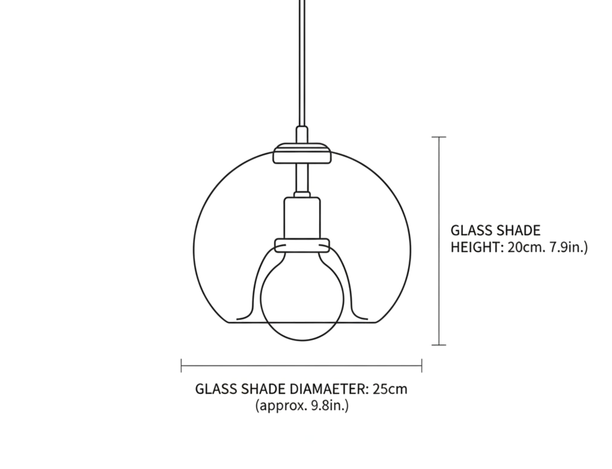 Clérachic light dimension drawing, every measurement marked in centimetres and inches, on a plain white ground.