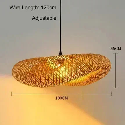 Dimension drawing of the Clérachic bamboo pendant: 100 cm wide, 55 cm tall, 120 cm wire.