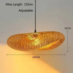 Dimension drawing of the Clérachic bamboo pendant: 100 cm wide, 55 cm tall, 120 cm wire.