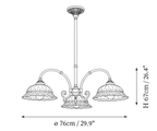 Dimension drawing of this Clérachic three-light chandelier, with its 67 cm height and 76 cm diameter marked.