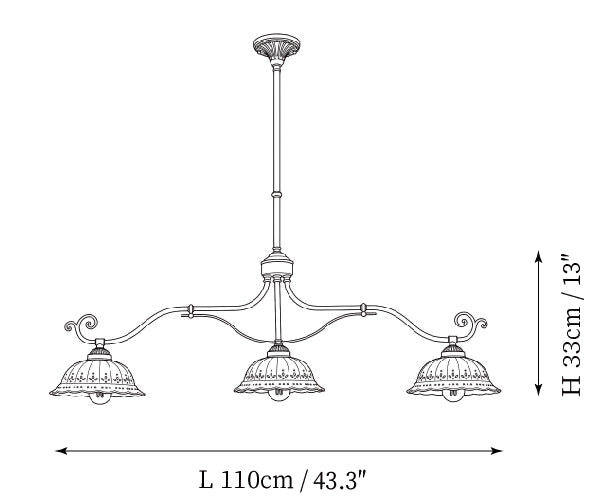Dimension drawing of this Clérachic linear three-light chandelier, with its 33 cm height and 110 cm length marked.