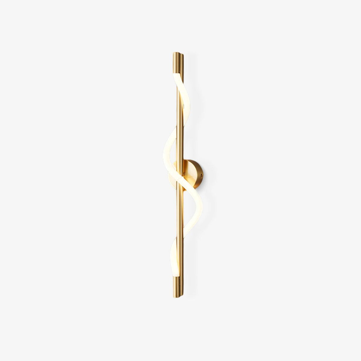 A Clérachic wall light with a slim brass rod and a glowing white silicone band twisting around it, on a white backdrop.