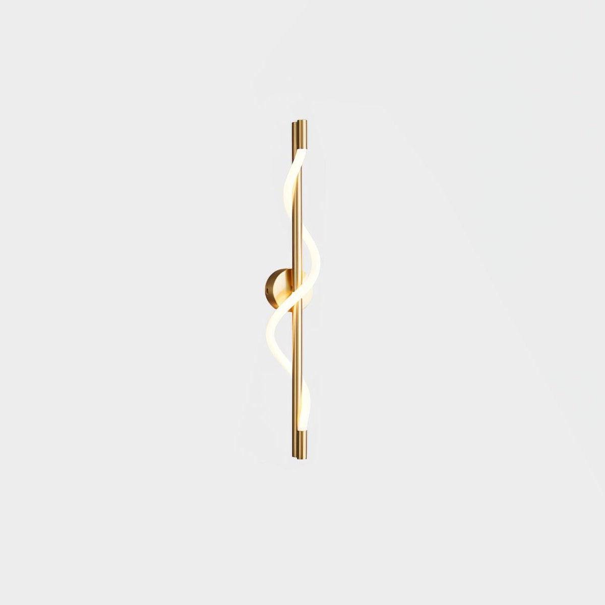 Brass Clérachic wall light with a lit spiral band and a round backplate, shown on a white backdrop.