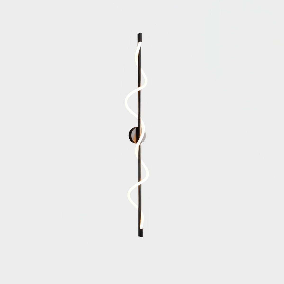 A long black Clérachic wall light with a two-turn lit spiral band and a round backplate, on a pale backdrop.