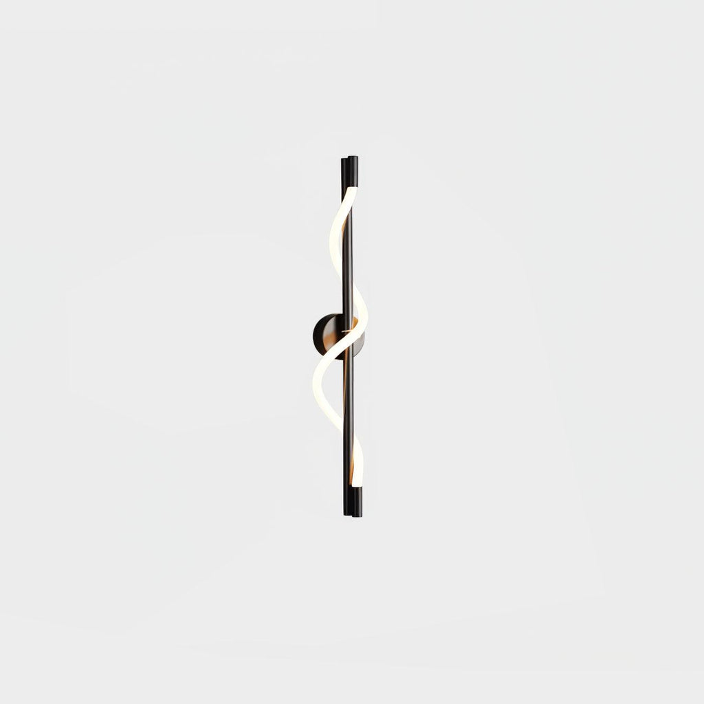 A black Clérachic wall light with a lit spiral band wrapping a slim rod, shown close to its round backplate on white.