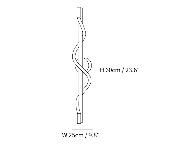Clérachic wall light dimension drawing, 1 of 3, every measurement marked in centimetres and inches.