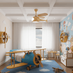 Helicopter ceiling fan from Clérachic hangs in a child's room with a coffered ceiling, a biplane-shaped bed and cloud-painted walls.