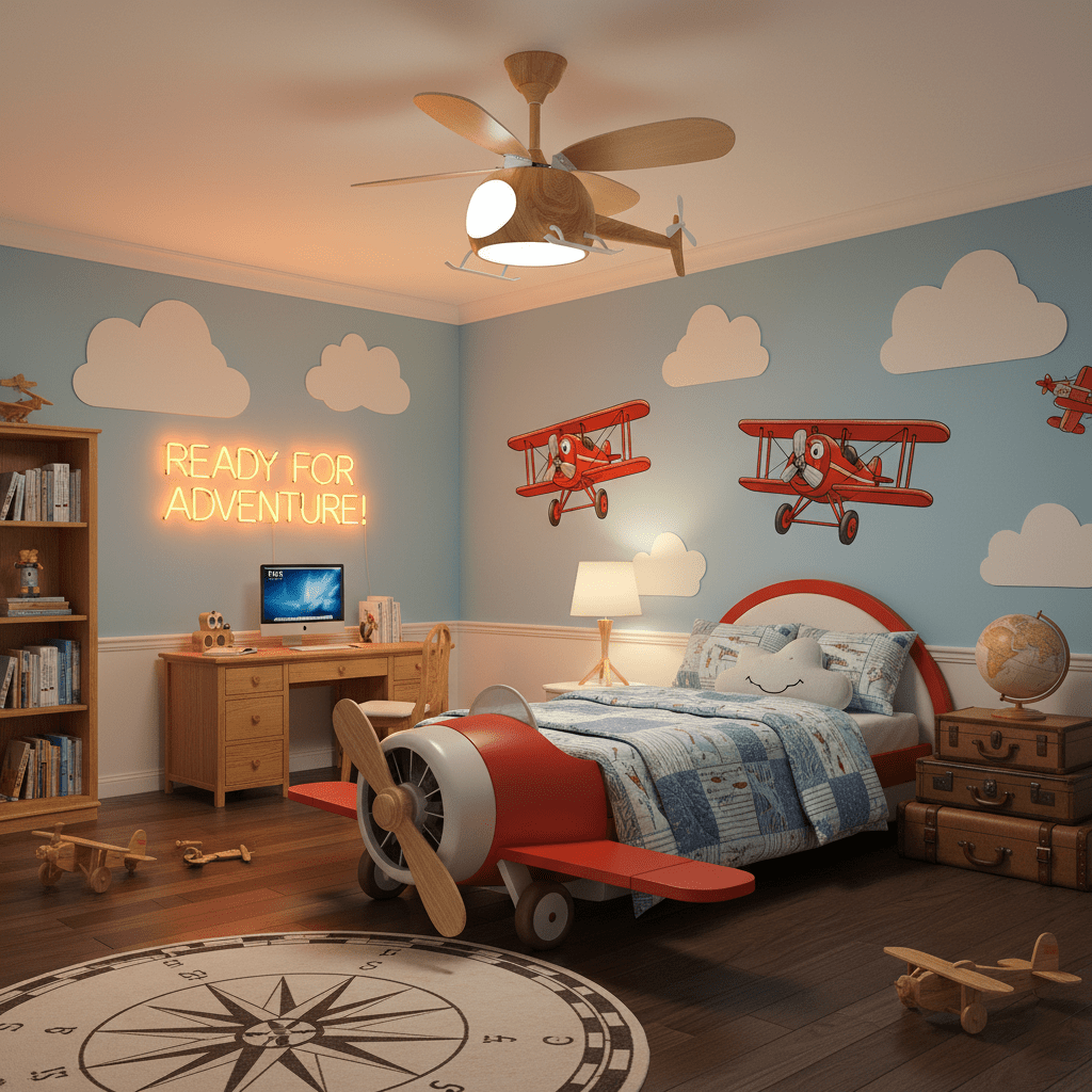 Wood-grain helicopter ceiling fan from Clérachic above a child's room with an aeroplane bed, red toy biplanes on the wall and a compass rug.