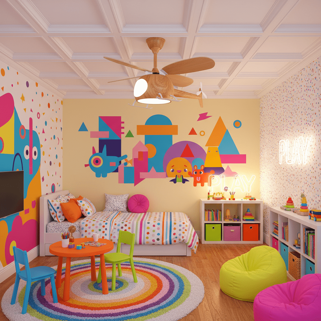A Clérachic helicopter ceiling fan hangs in a bright playroom with a colourful mural, a rainbow rug, a low bed and a round orange table.