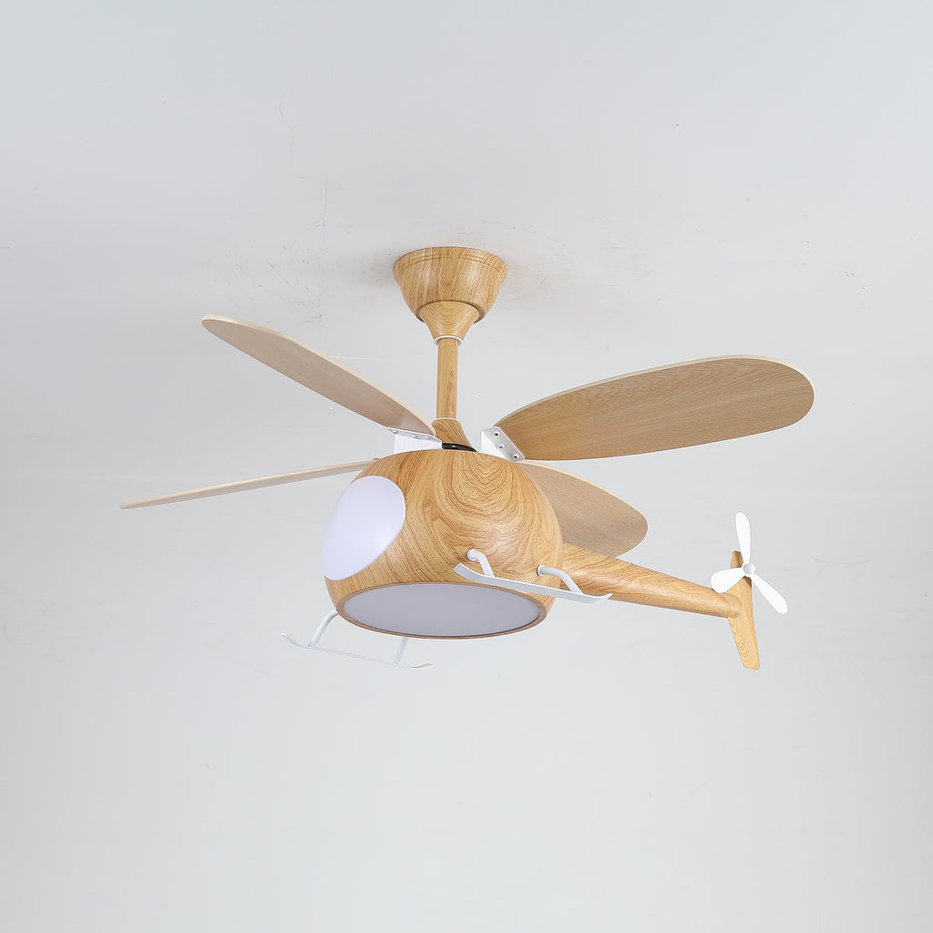 The Clérachic helicopter ceiling fan with its cabin light off, on a pale grey ceiling, with four wood-grain blades.