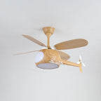 The Clérachic helicopter ceiling fan with its cabin light off, on a pale grey ceiling, with four wood-grain blades.