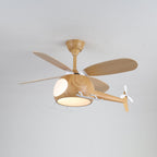 A wood-grain helicopter ceiling fan from Clérachic with a soft warm light under the cabin and its white tail rotor visible.