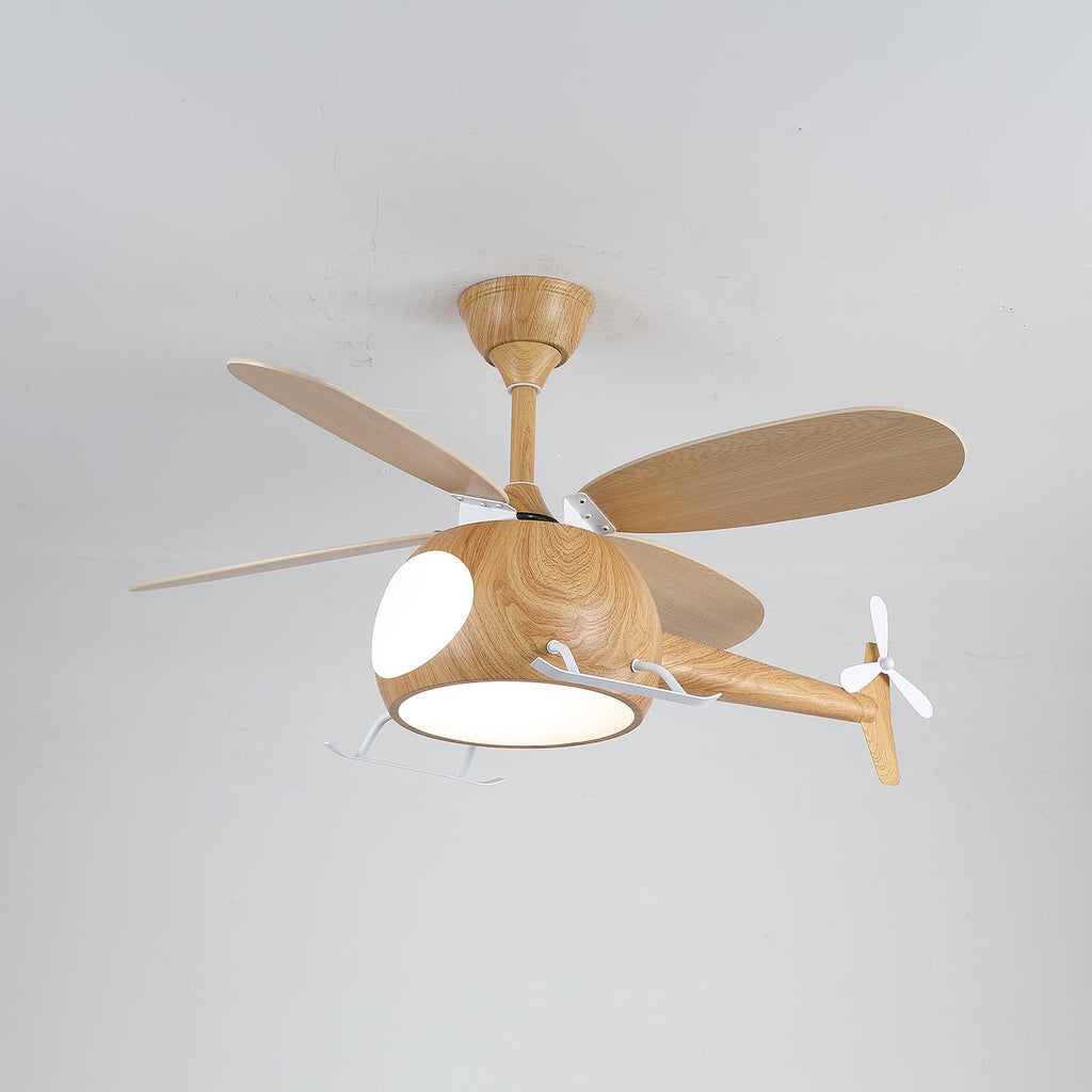 With a neutral white light on, this wood-grain Clérachic helicopter ceiling fan points its tail rotor to the right.