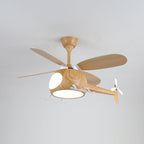 With a neutral white light on, this wood-grain Clérachic helicopter ceiling fan points its tail rotor to the right.