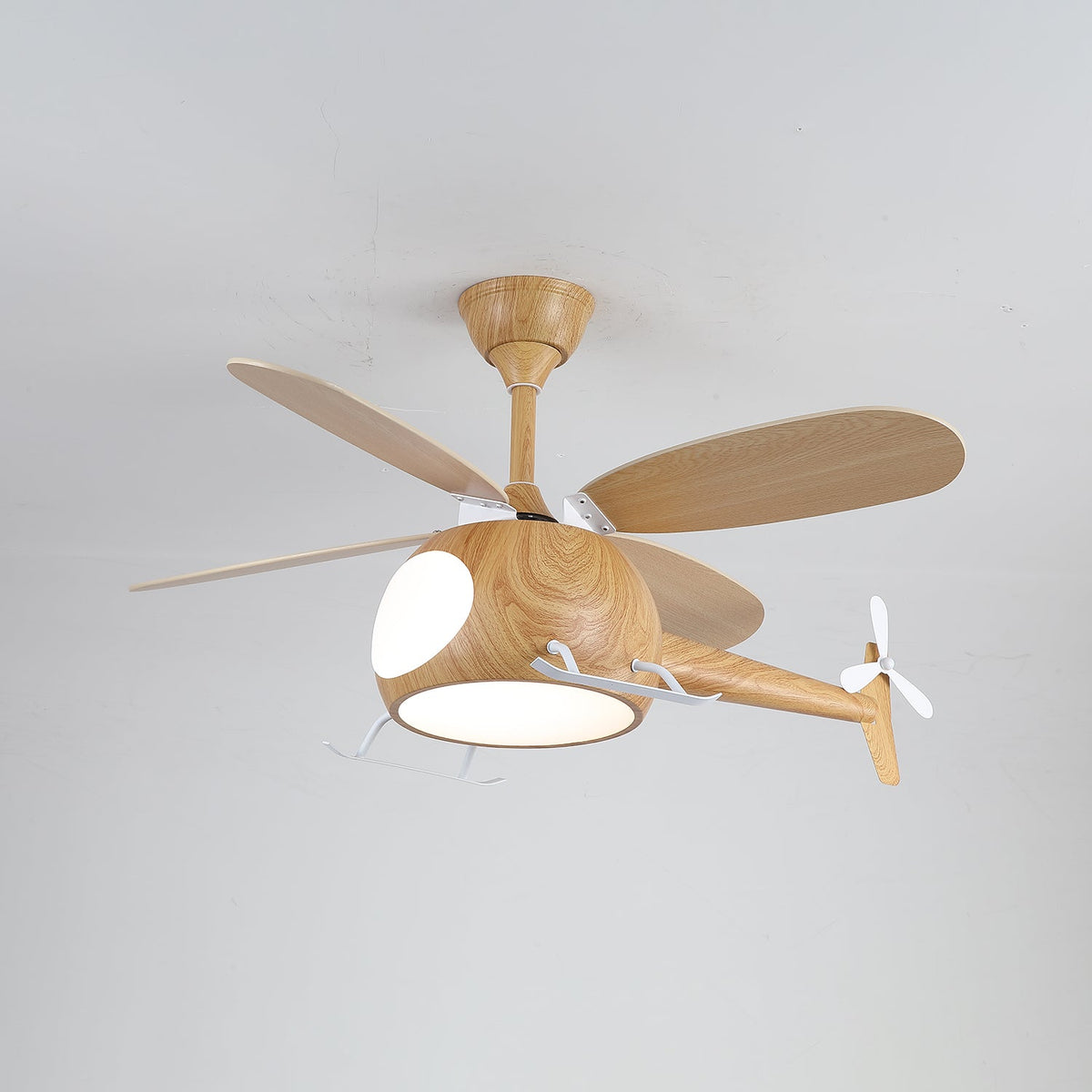 With a neutral white light on, this wood-grain Clérachic helicopter ceiling fan points its tail rotor to the right.
