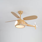 Helicopter fan from Clérachic in a wood-grain finish, with a warm glow under the cabin, seen from slightly below.