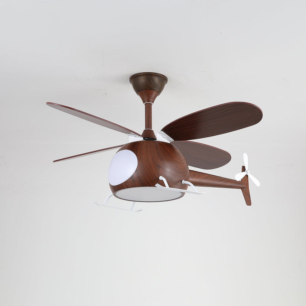 Dark walnut-toned helicopter ceiling fan from Clérachic with the cabin light off, against a pale grey ceiling.