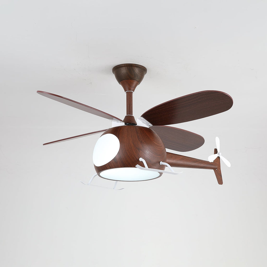 Dark walnut-toned helicopter fan from Clérachic with a cool white light glowing under the cabin.