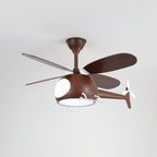 Dark walnut-toned helicopter fan from Clérachic with a cool white light glowing under the cabin.