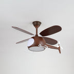 Walnut-toned helicopter ceiling fan from Clérachic with the light off, showing the white landing skids and tail rotor.