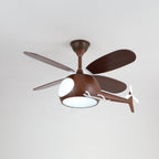 Walnut-toned helicopter ceiling fan from Clérachic with a cool white glow beneath the cabin.