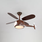Dark walnut-toned helicopter ceiling fan from Clérachic with its light on, seen from a low angle against a light grey ceiling.