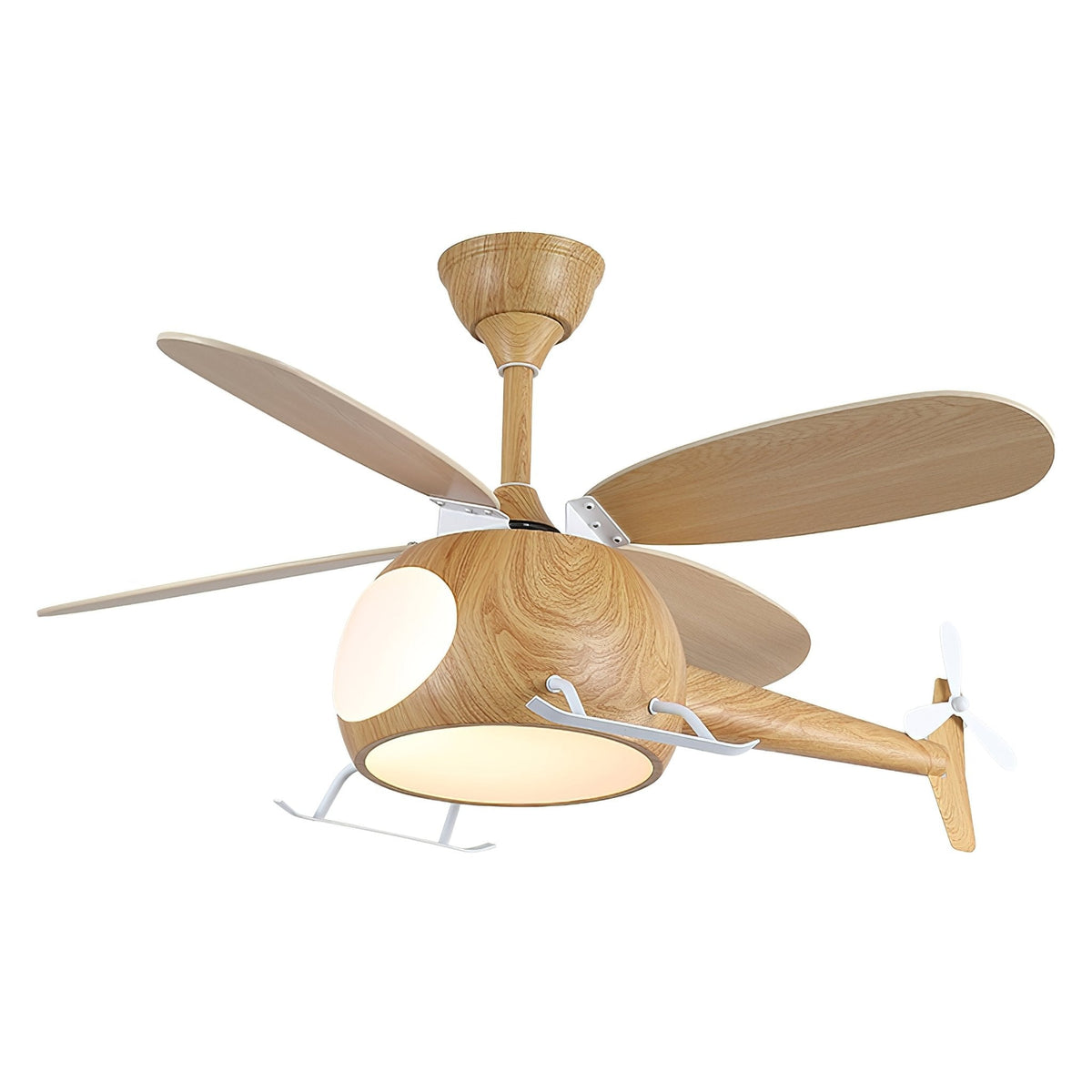 Cut out on a white background, a Clérachic wood-grain helicopter ceiling fan with its light on.