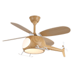Against a flat dark green background, a Clérachic wood-grain helicopter ceiling fan with a lit cabin.