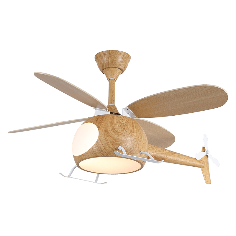 Against a flat dark green background, a Clérachic wood-grain helicopter ceiling fan with a lit cabin.