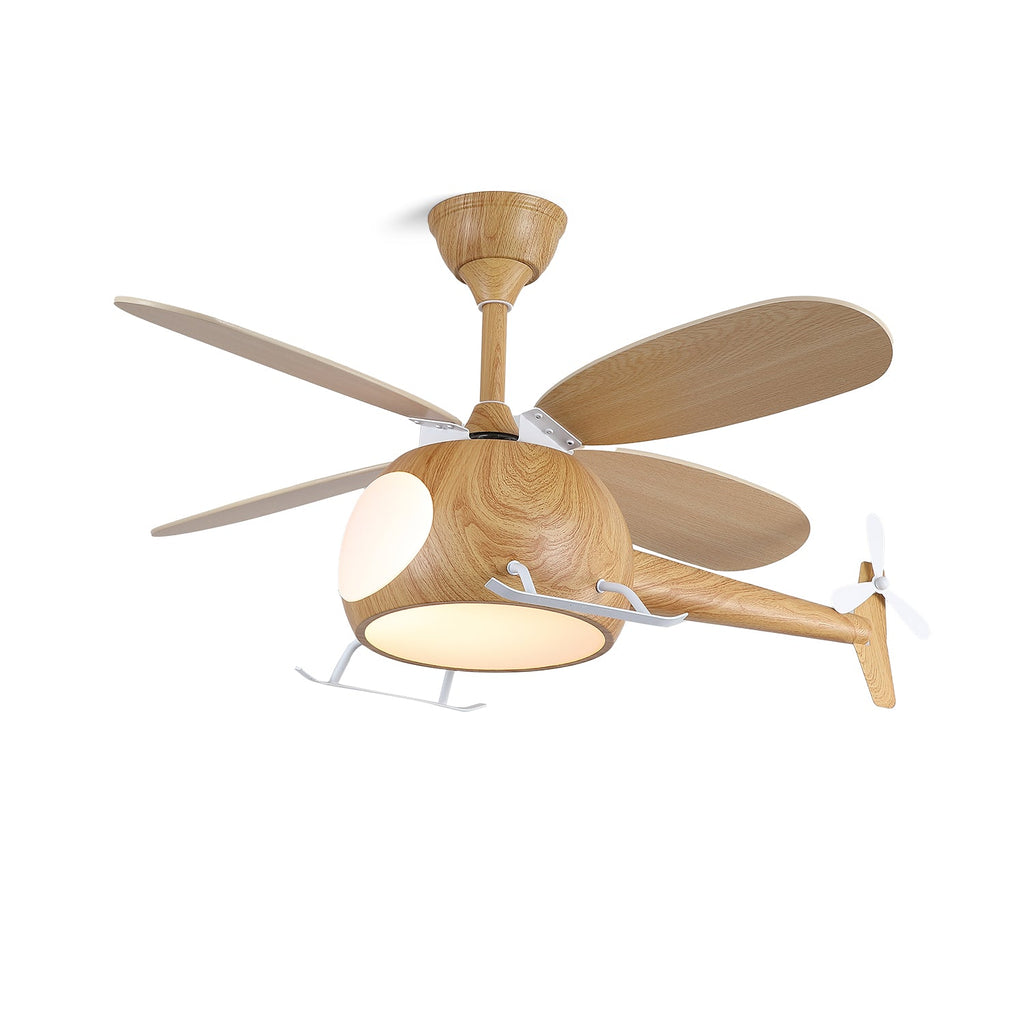 The Clérachic helicopter ceiling fan with its white landing skids and four wood-grain blades, on a plain white backdrop.