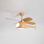 Seen from slightly below, a wood-grain Clérachic helicopter fan with its warm cabin light on against a pale grey ceiling.