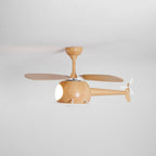 Side-on view of the wood-grain helicopter fan from Clérachic, with two blades in line and its light on.