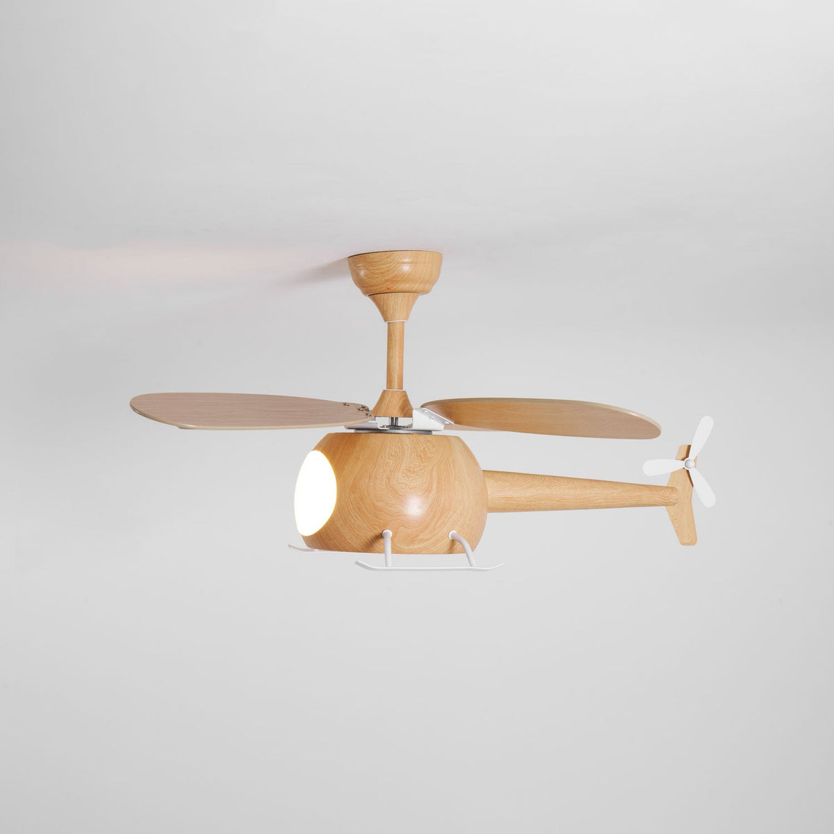 Side-on view of the wood-grain helicopter fan from Clérachic, with two blades in line and its light on.