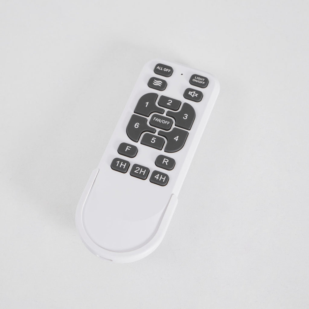Remote control for this Clérachic ceiling fan, with number keys, fan and light buttons and timer keys, on a pale grey surface.