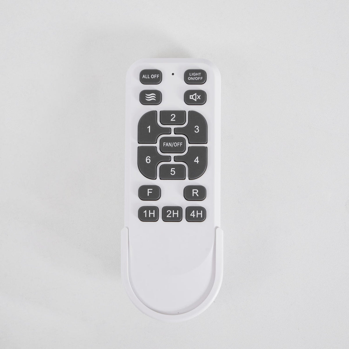 Remote control for the Clérachic helicopter fan, seen straight on, with fan speed, reverse, light on and off and timer keys.